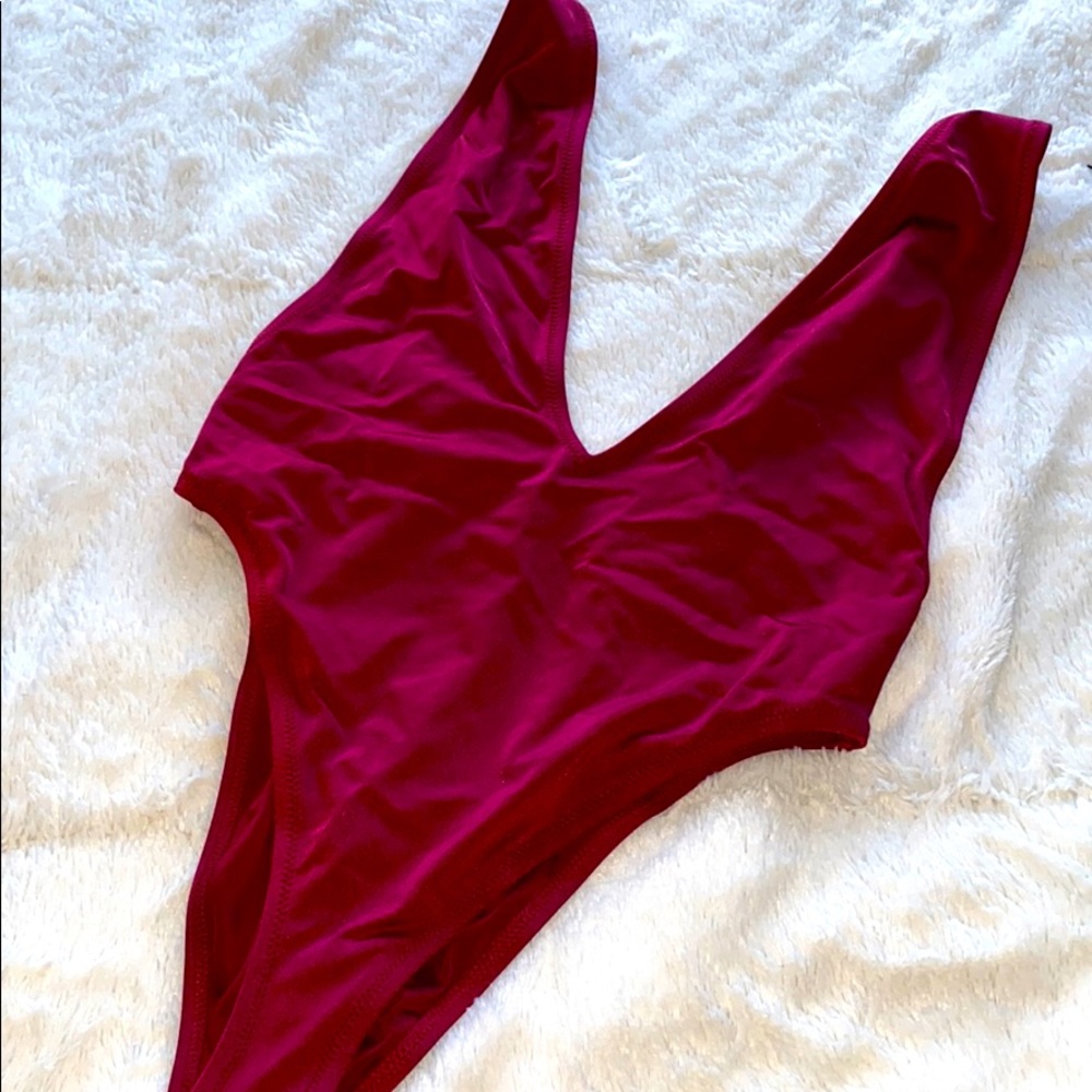 Burgundy One Piece low cut Swimsuit